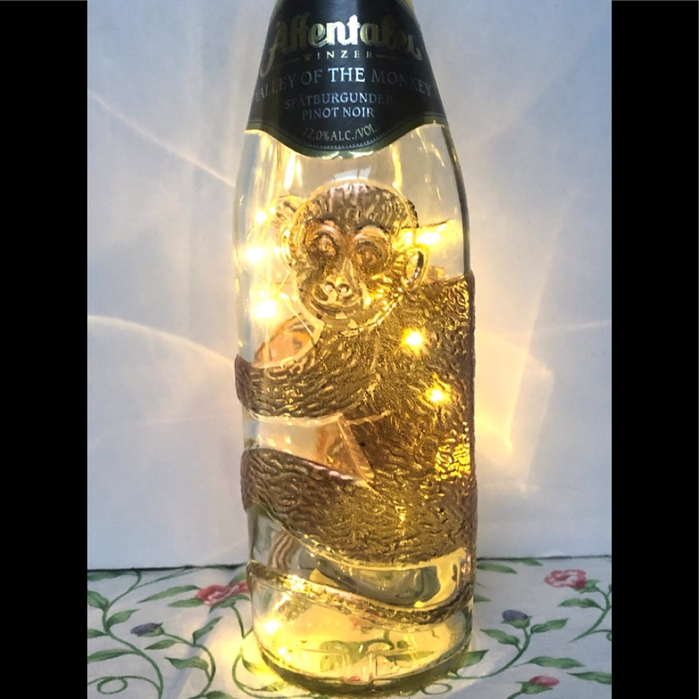 Bronze Metal Monkey Hugging Empty Wine Bottle Lamp, Fairy Lights